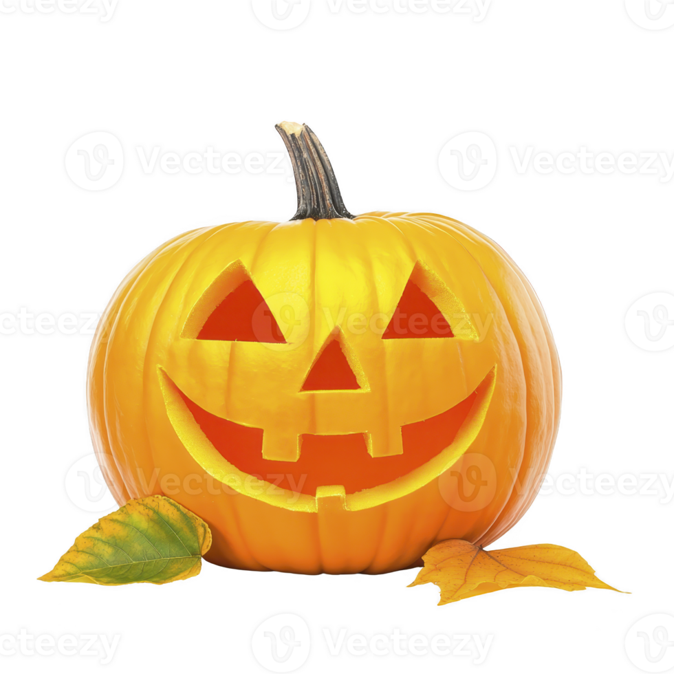 A carved pumpkin with cheerful face is surrounded by autumn leaves, symbolizing Halloween and fall festivities. bright orange color and smiling expression create festive atmosphere png