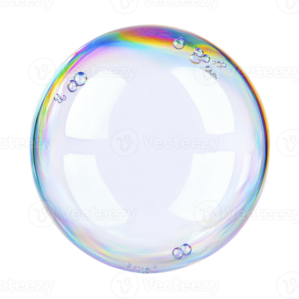 A single, translucent soap bubble with rainbow sheen floats against transparency background, showcasing its delicate and colorful surface png