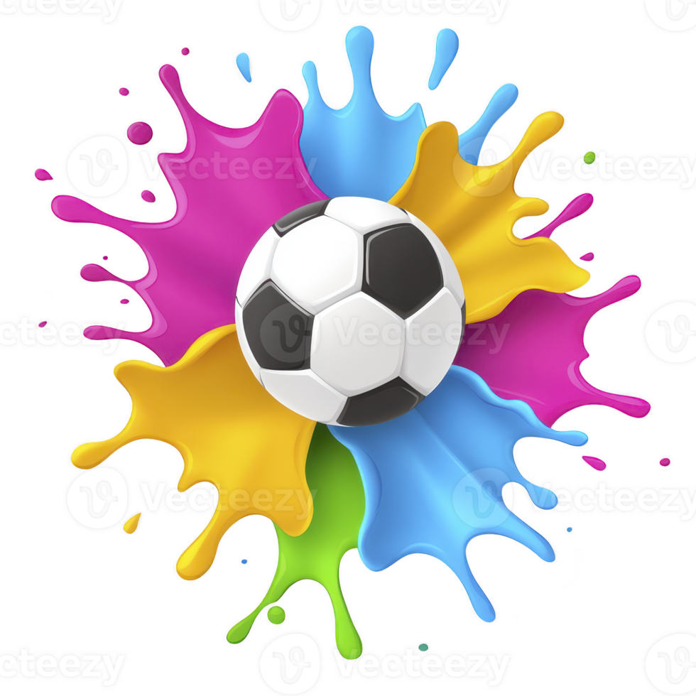 A soccer ball is surrounded by vibrant splashes of colorful paint, creating dynamic and energetic composition. colors include pink, blue, yellow, and green, adding playful and artistic touch to png