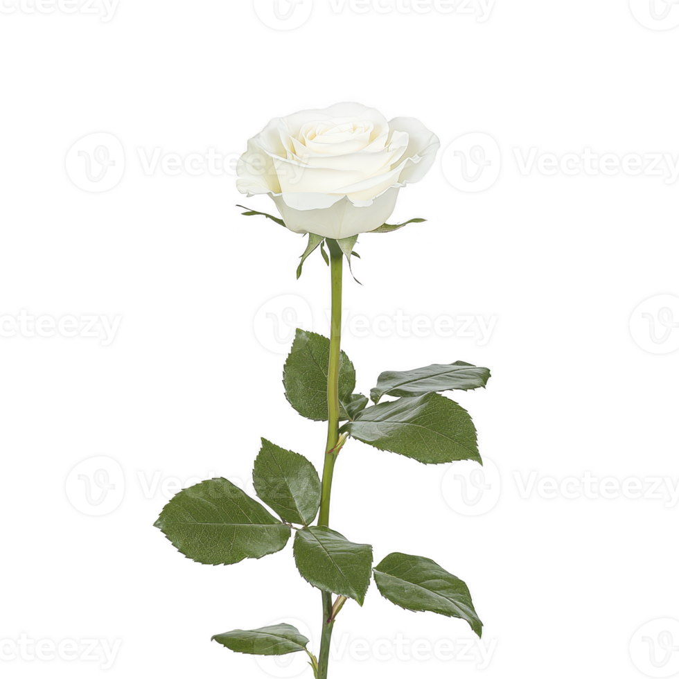 A single elegant white rose with lush green leaves on long stem, symbolizing purity and grace, isolated on transparency background png