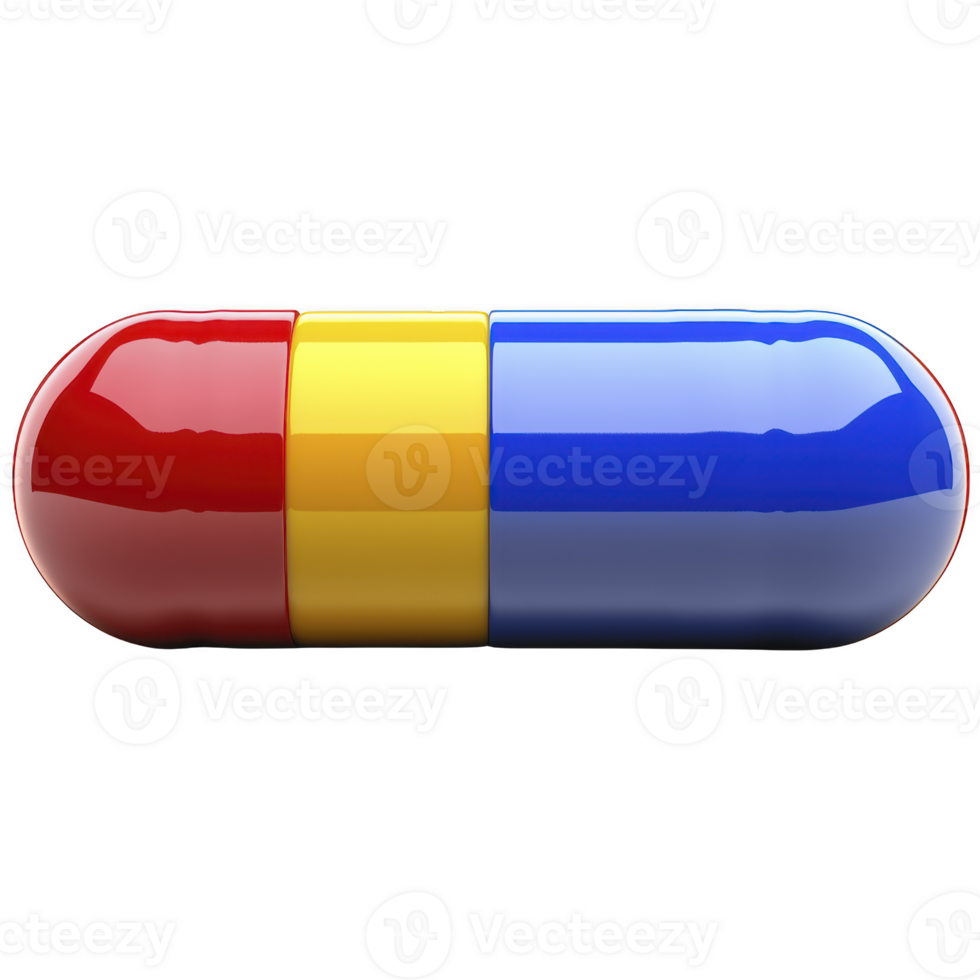A colorful capsule pill with glossy surface, featuring red, yellow, and blue segments, symbolizing medication or supplements. vibrant colors and shiny finish create striking visual png