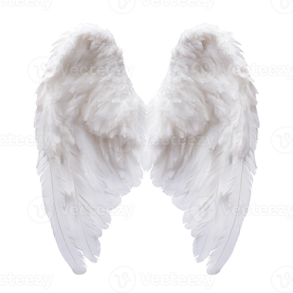 A pair of large, white angel wings with detailed feathers, symbolizing purity and grace, isolated on transparent background. wings are symmetrical and evoke sense of serenity png