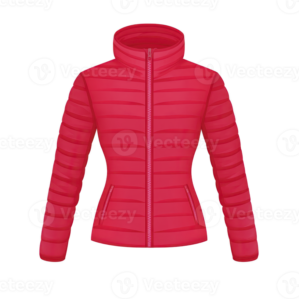 A vibrant red puffer jacket with high collar and zip closure, designed for warmth and style. jacket features horizontal quilting and side pockets, perfect for cold weather png