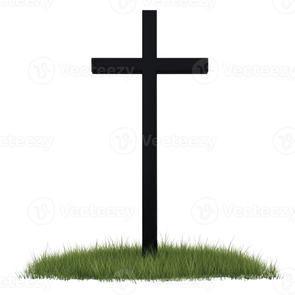 A simple black cross stands upright in patch of green grass, symbolizing peace and remembrance. serene setting evokes sense of tranquility and reflection png