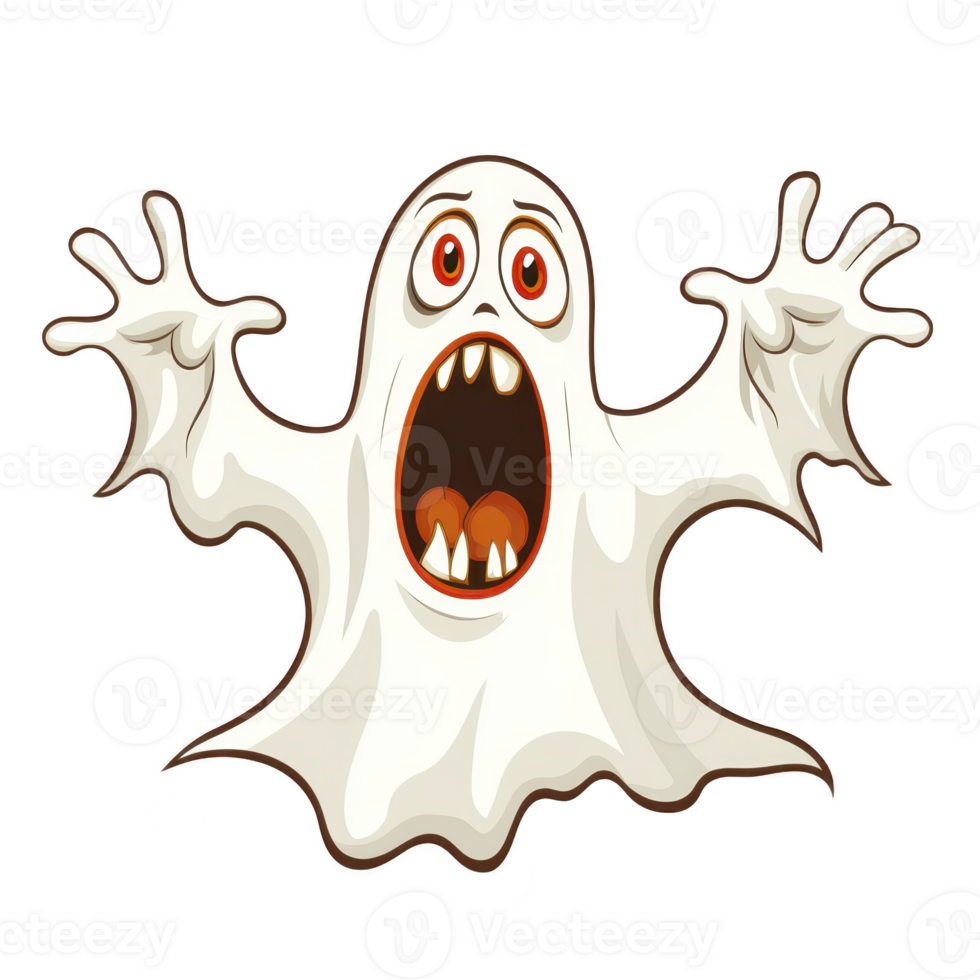 A cartoon ghost with surprised expression and outstretched arms, featuring wide eyes and open mouth, appears to be floating. ghost is white with slightly translucent appearance, adding playful png
