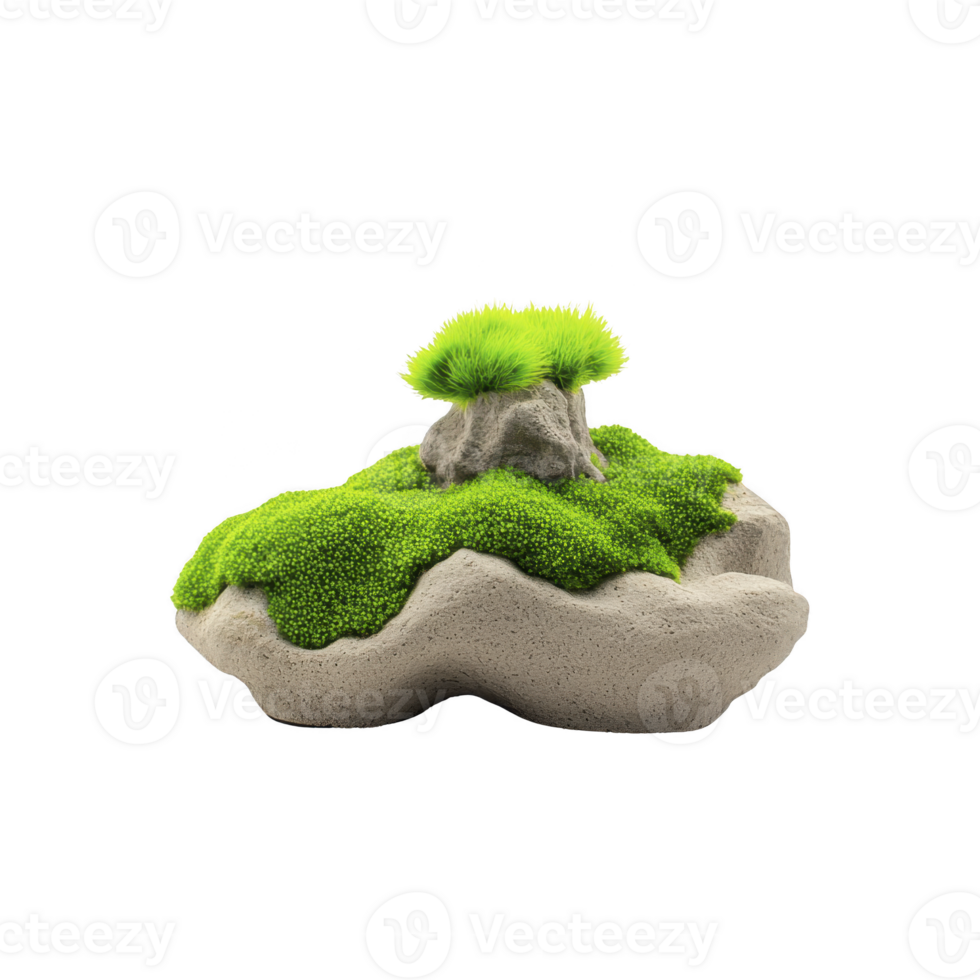 A small, vibrant green moss covered rock with miniature tree on top creates serene and natural scene. lush greenery contrasts with rough texture of stone png
