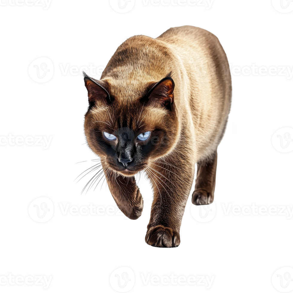 A Siamese cat with striking blue eyes walks forward, its sleek fur glowing under light. cat focused gaze and confident stride convey sense of elegance and poise png