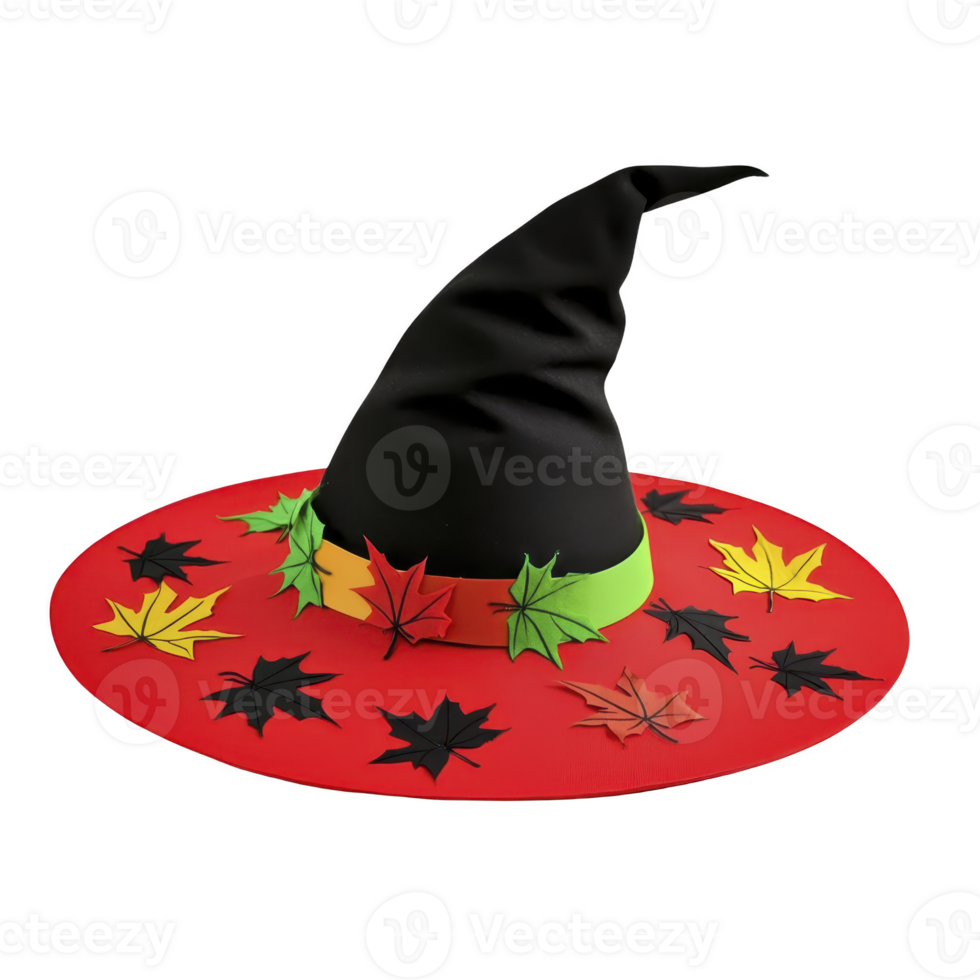 A vibrant red witch hat adorned with colorful autumn leaves and green band, perfect for festive Halloween celebrations or fall themed events png