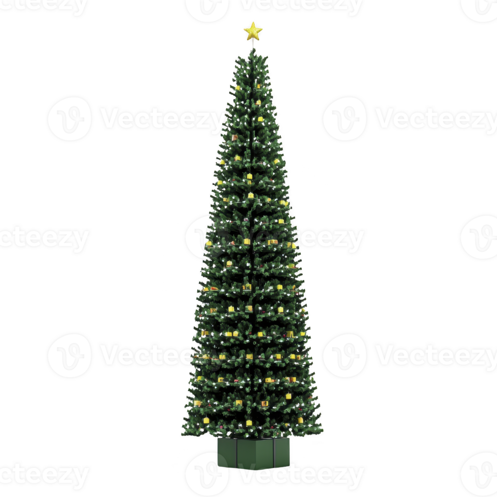 A tall, beautifully decorated Christmas tree with star on top stands elegantly, adorned with glowing lights and ornaments, creating festive and joyful atmosphere png