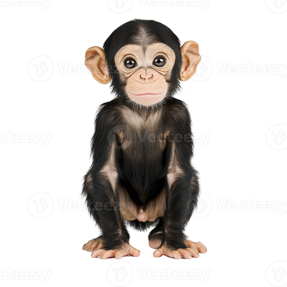 A cute baby chimpanzee sits with curious expression, showcasing its large eyes and prominent ears. young primate fur is dark with lighter patches on its face and chest png