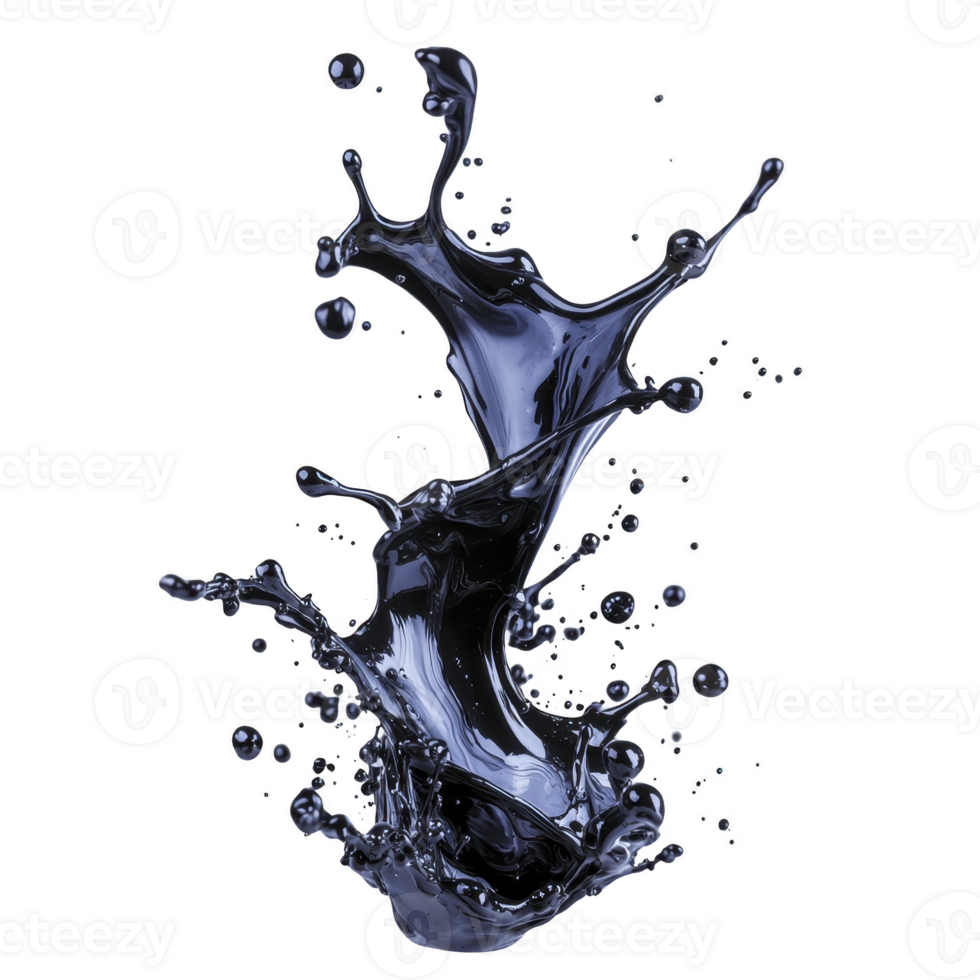 A dynamic splash of dark blue liquid captured mid air, showcasing fluid motion and energy against transparent background. droplets and splashes create artistic and abstract visual png