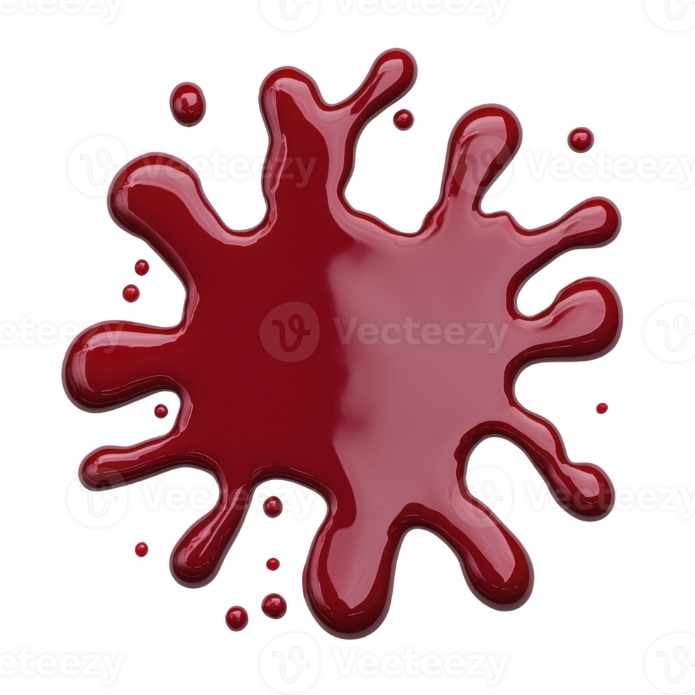 A vibrant red paint splatter with irregular edges and glossy texture, resembling abstract art piece. dynamic shape and rich color create striking visual impact png