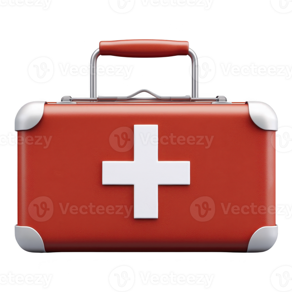 A red first aid kit with white cross symbol on front, featuring sturdy handle and metallic corners, represents emergency medical supplies png
