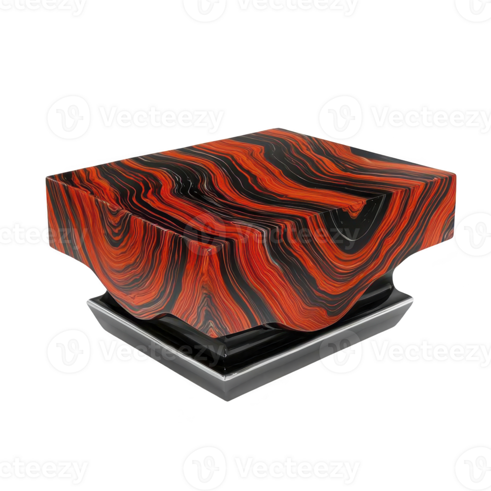 A striking, modern sculpture with bold red and black swirling patterns creates dynamic visual effect. abstract design features layered, geometric form, adding depth and intrigue to piece png