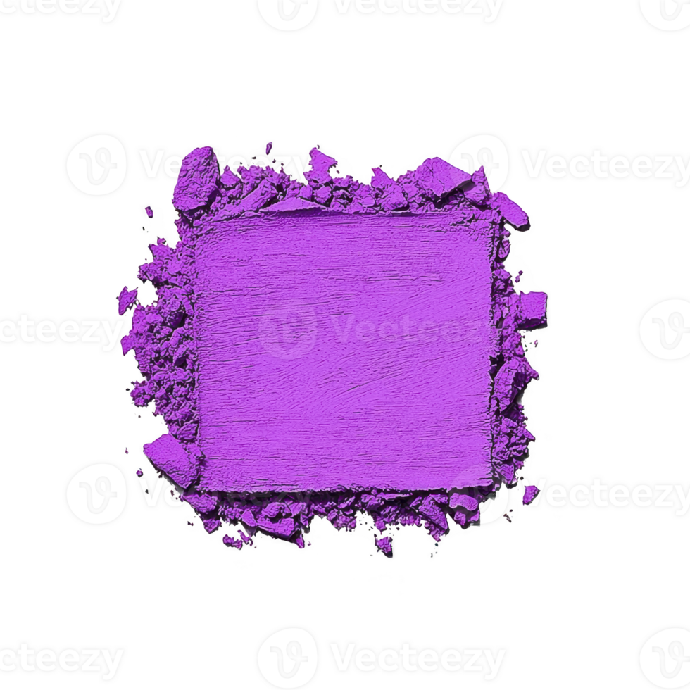 A vibrant purple eyeshadow is crushed into square shape with scattered edges, creating bold and colorful display. texture is smooth in center with rough, uneven fragments around perimeter png