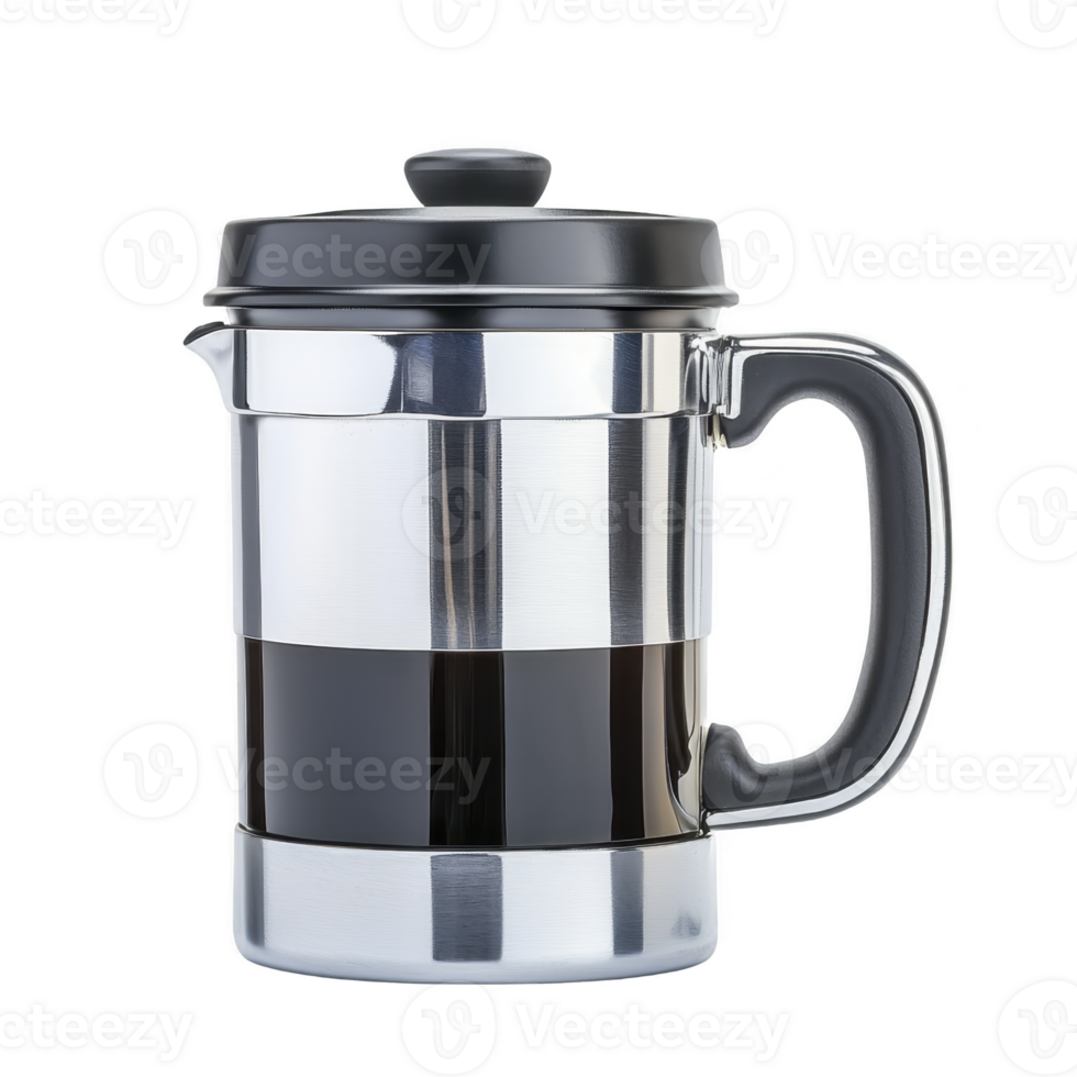 A sleek stainless steel French press with black handle and lid, designed for modern kitchens. reflective surface and minimalist design add elegance to coffee brewing png
