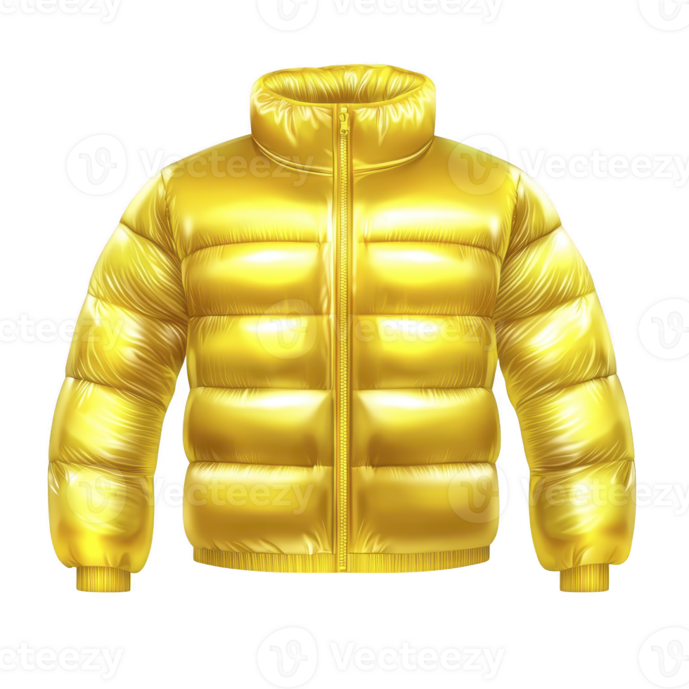A shiny yellow puffer jacket with high collar and front zipper, designed for warmth and style. glossy finish adds modern touch, making it ideal for cold weather fashion png