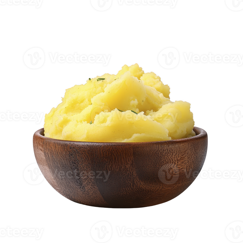A wooden bowl filled with creamy mashed potatoes, showcasing smooth and fluffy texture, perfect for comforting meal. vibrant yellow hue suggests use of butter or cream png