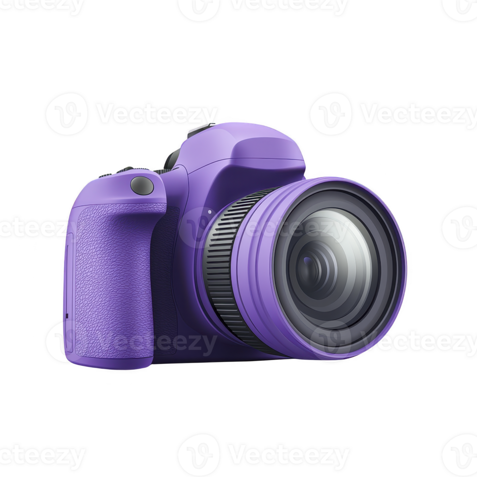 A vibrant purple DSLR camera with large lens is shown, highlighting its modern design and textured grip. camera sleek appearance and bold color make it stand out png