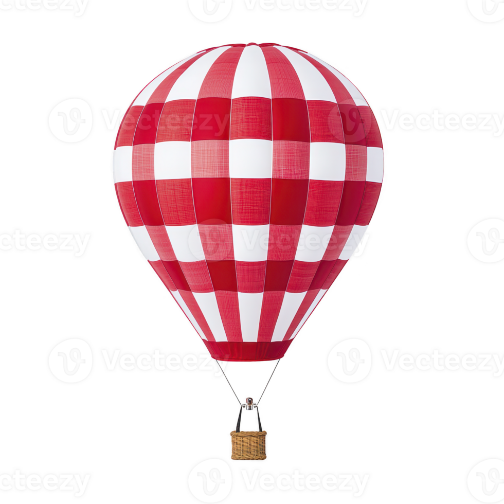 A vibrant red and white checkered hot air balloon floats against clear sky, showcasing its classic design. woven basket hangs below, ready for adventurous journey png