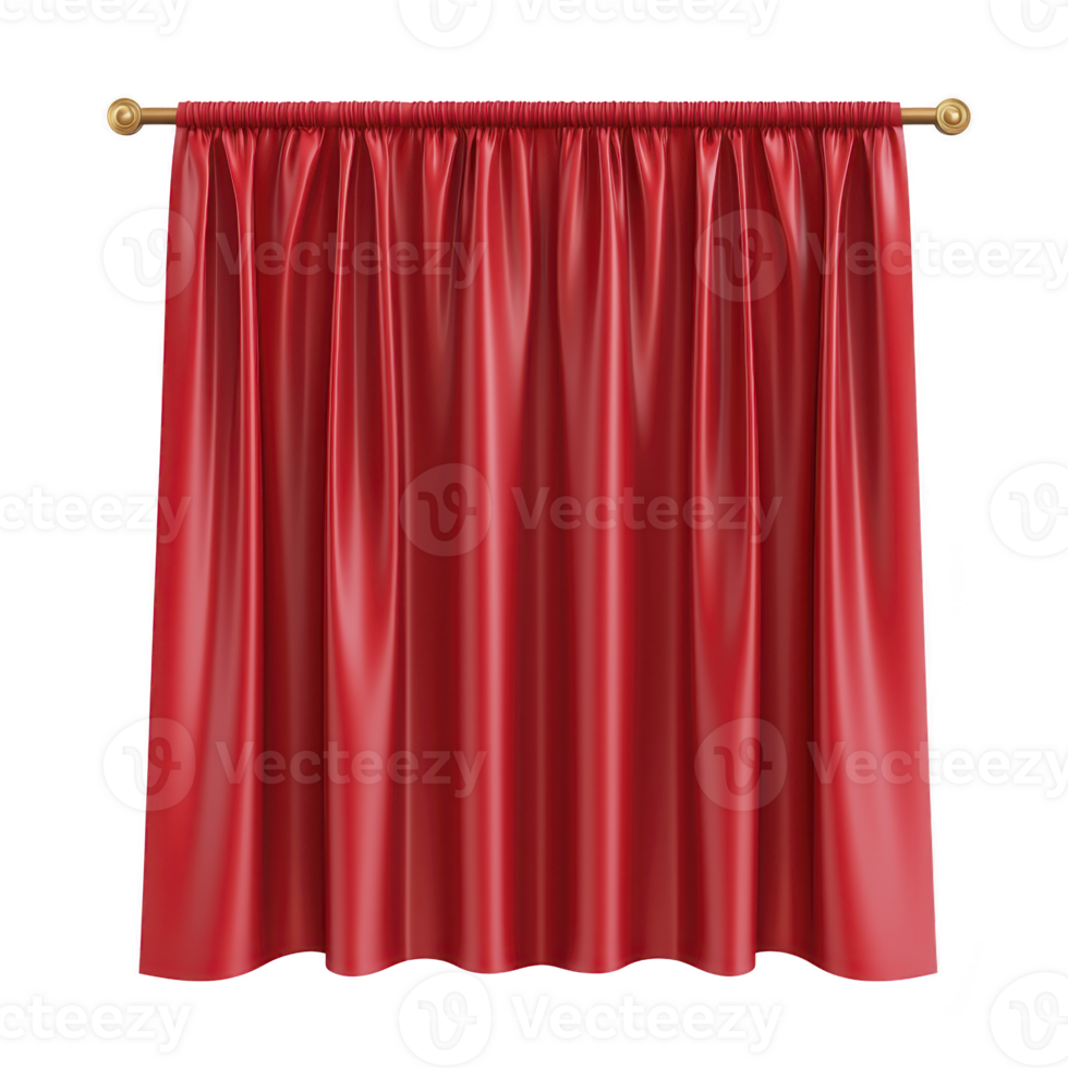 A vibrant red curtain with luxurious, silky texture hangs elegantly from golden rod, creating dramatic and sophisticated ambiance png