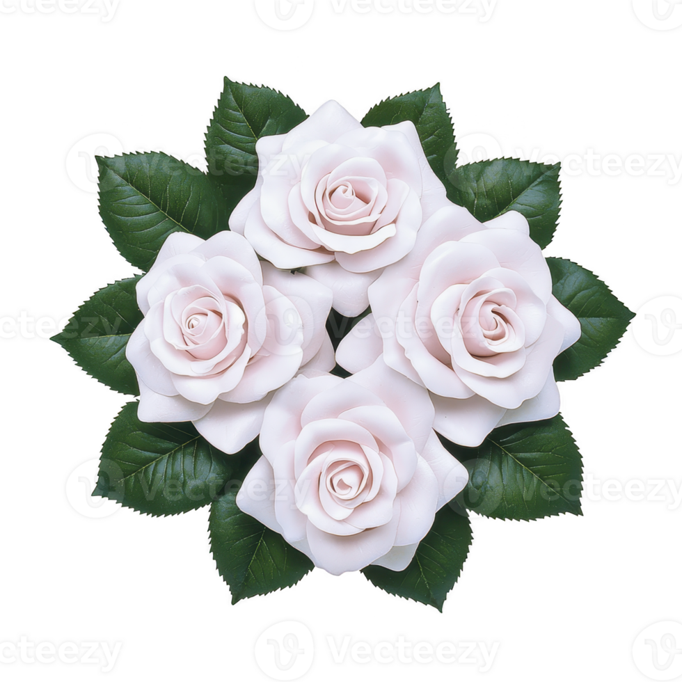 A Four delicate white roses with soft pink hues are arranged in circular pattern, surrounded by lush green leaves, creating harmonious and elegant floral display png