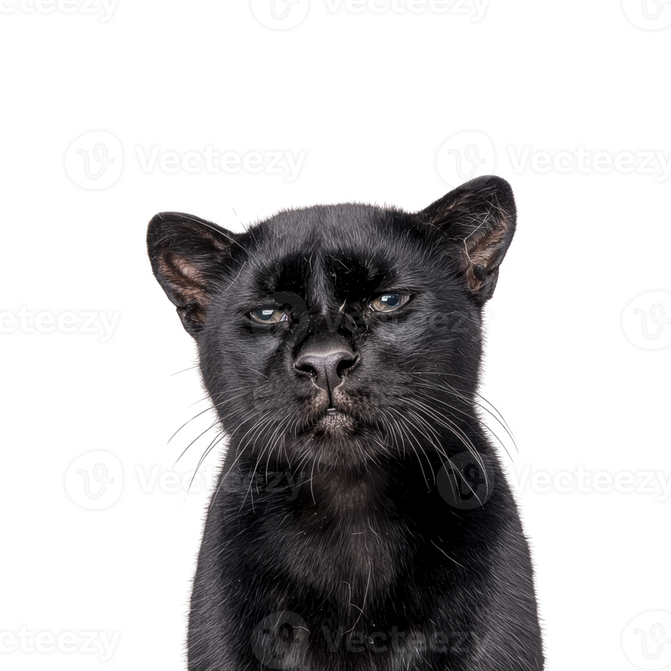 A black panther with serious expression is shown against plain background, highlighting its sleek fur and piercing eyes. image captures majestic and mysterious aura of animal png
