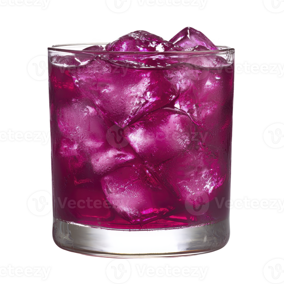 A vibrant purple cocktail in clear glass filled with ice cubes, creating refreshing and inviting appearance. drink rich color and chilled presentation suggest fruity and flavorful experience png
