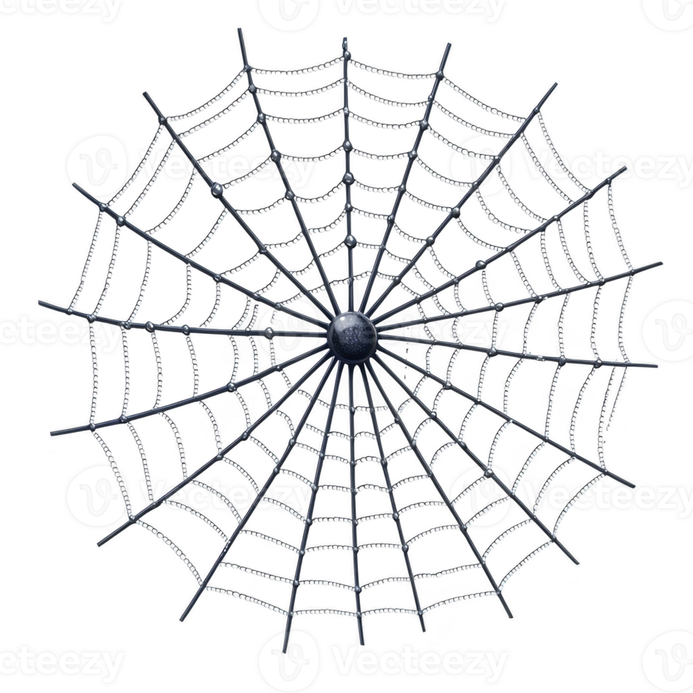 A detailed, symmetrical spider web with central point, showcasing intricate patterns and metallic sheen, set against transparent background png
