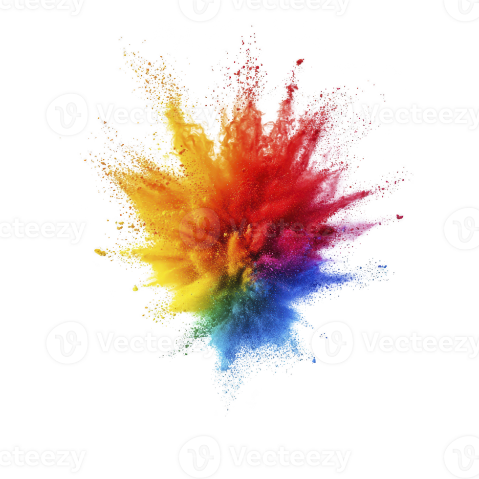 A vibrant explosion of colorful powder bursts against transparency background, creating dynamic and energetic display of red, orange, yellow, green, blue, and purple hues png