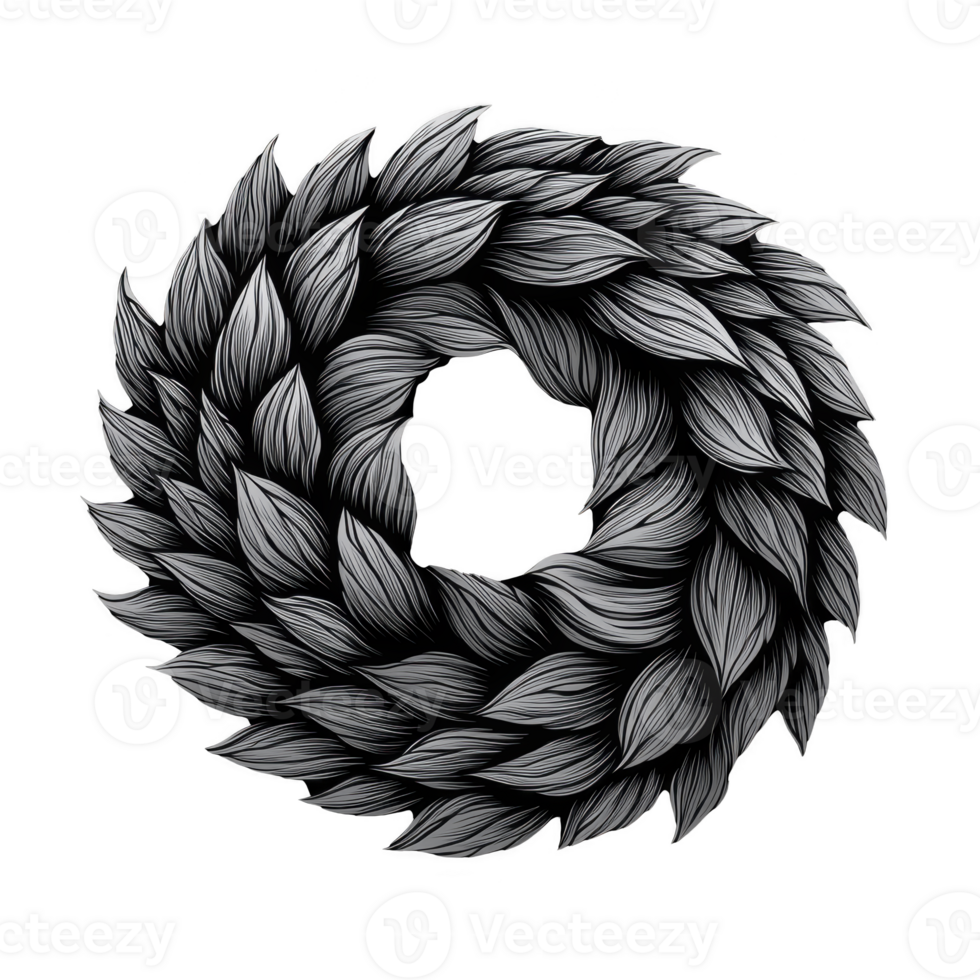 A This features circular pattern of intricately arranged leaves, creating swirling, dynamic design. monochrome color scheme adds sense of elegance and sophistication.circular pattern of intricately png