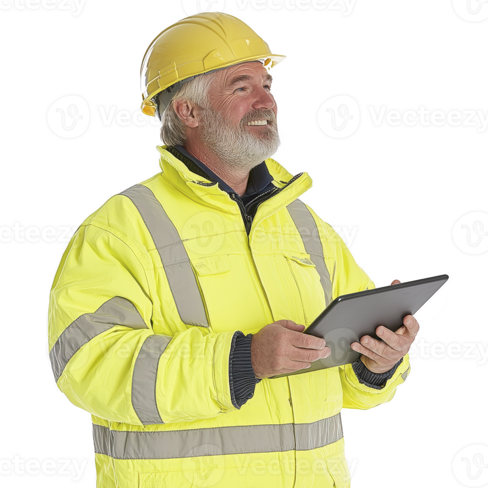 A construction worker in high visibility jacket and hard hat holds tablet, smiling confidently. image conveys professionalism and modern technology in construction png
