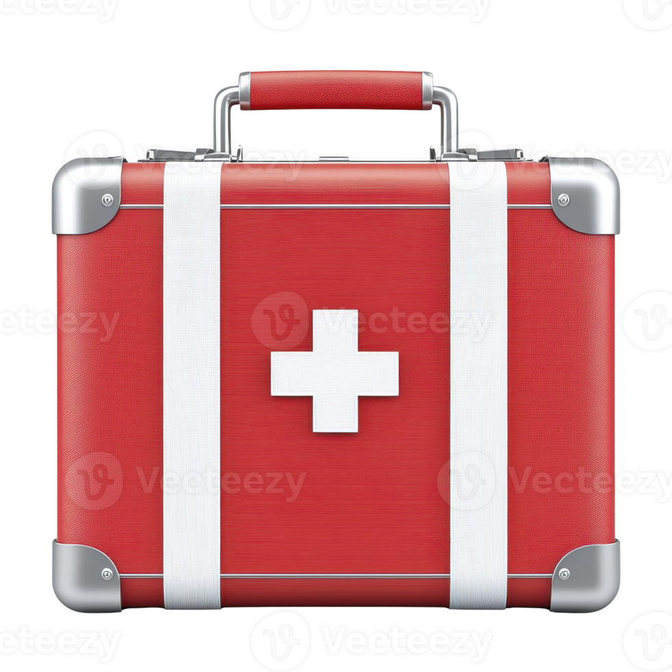 A red first aid kit with white cross symbol, featuring sturdy handle and metal corners, is designed for emergency medical situations. kit is compact and portable, ideal for quick access png