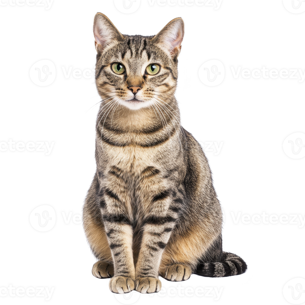A tabby cat with striking green eyes sits attentively, showcasing its beautiful striped fur pattern. cat posture is upright and alert, exuding sense of curiosity and intelligence png