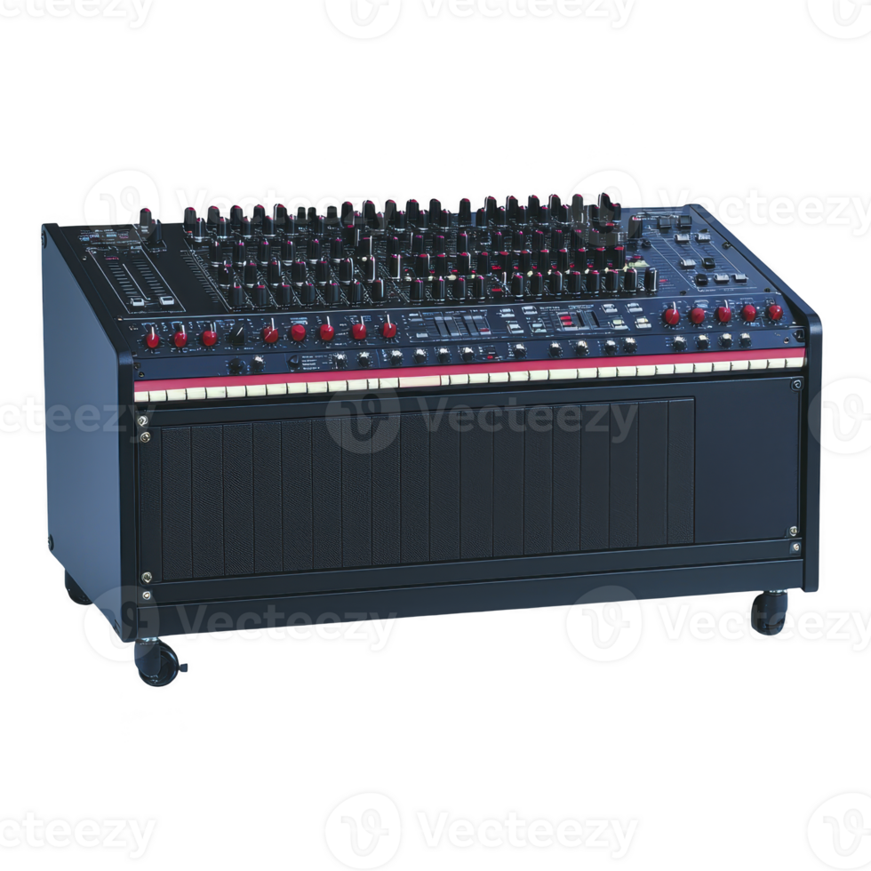 A This shows professional synthesizer with numerous knobs and controls, designed for creating electronic music. device features keyboard and is mounted on stand with wheels for easy mobility png