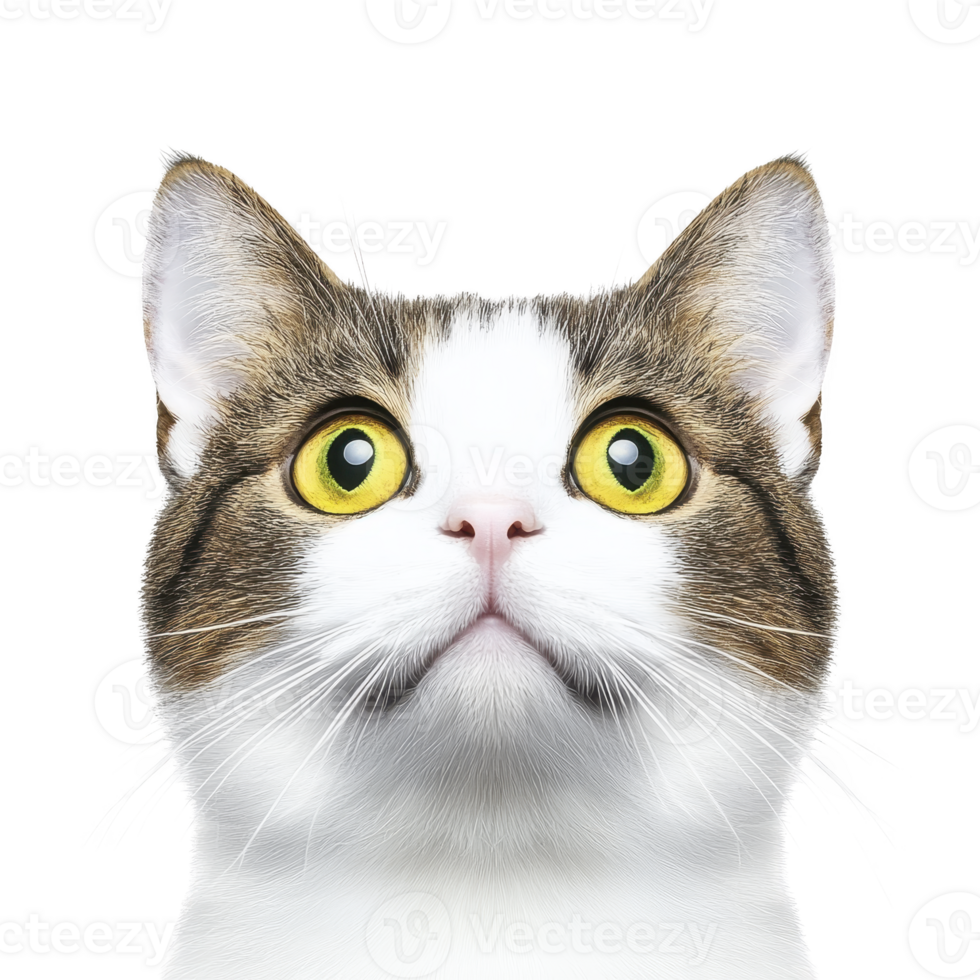 A curious cat with wide yellow eyes and white and brown fur pattern gazes upward against plain background. cat expression is one of wonder and alertness png