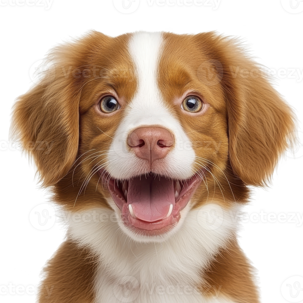 A happy brown and white puppy with joyful expression and fluffy fur looks directly at camera, showcasing its playful and friendly nature png
