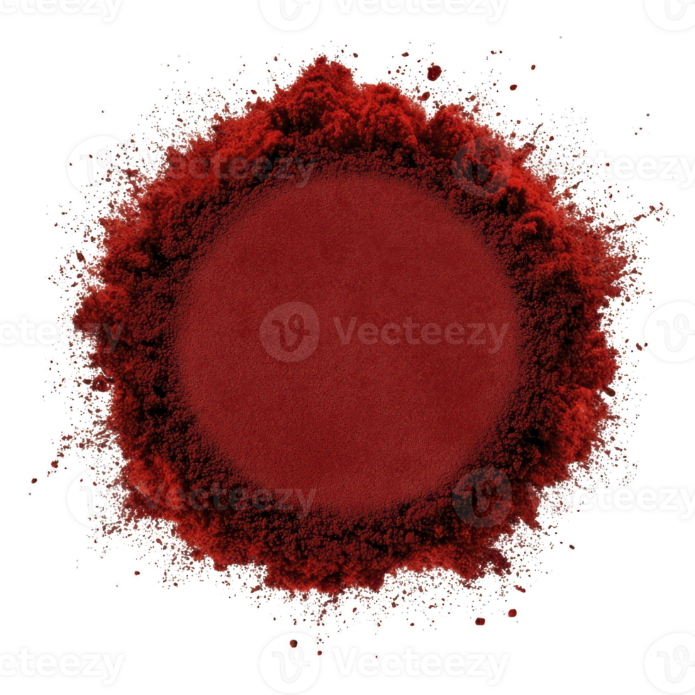 A vibrant explosion of red powder creates dynamic circular pattern against transparency background, evoking energy and movement. fine particles spread outward, forming striking visual effect png