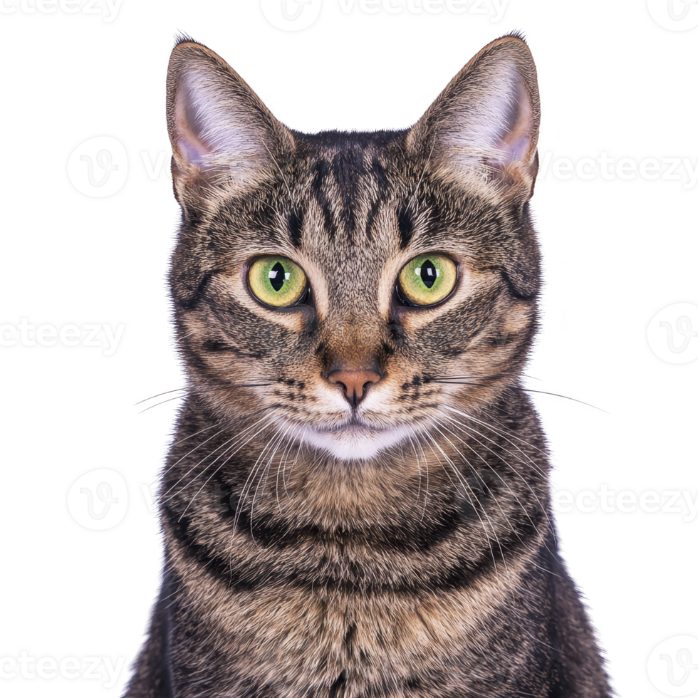 A close up of tabby cat with striking green eyes, showcasing its detailed fur pattern and attentive expression. cat ears are perked up, adding to its alert demeanor png
