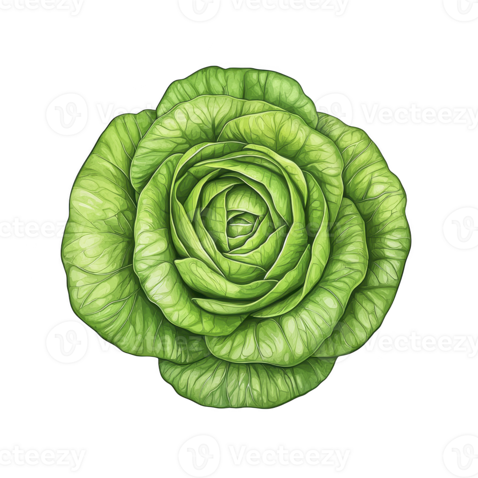 A vibrant green cabbage with layered leaves forms symmetrical, circular pattern, showcasing its fresh and crisp texture. detailed illustration highlights natural beauty of vegetable png