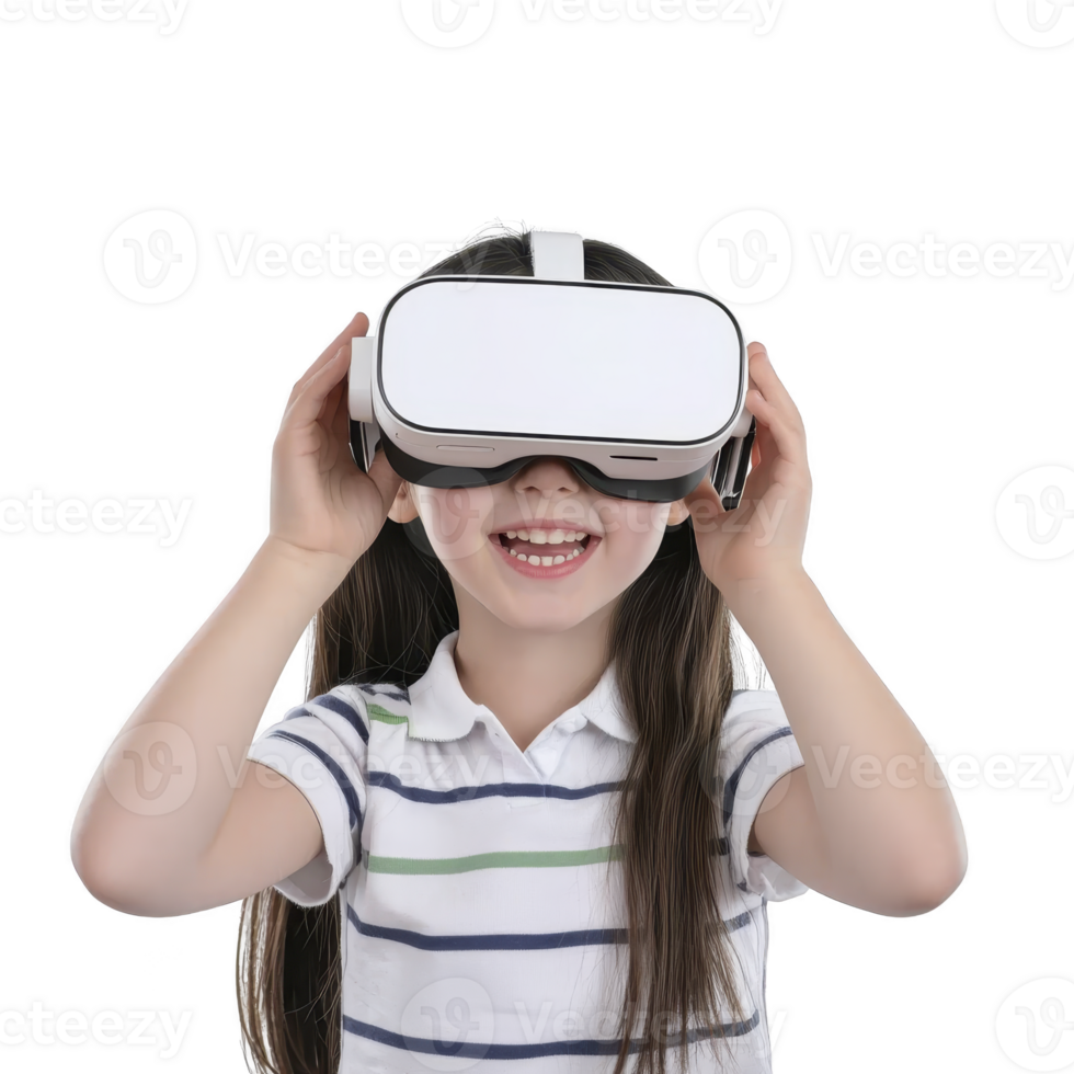 A young girl joyfully experiences virtual reality using VR headset, wearing striped shirt. Her excitement is evident as she explores immersive digital worlds png