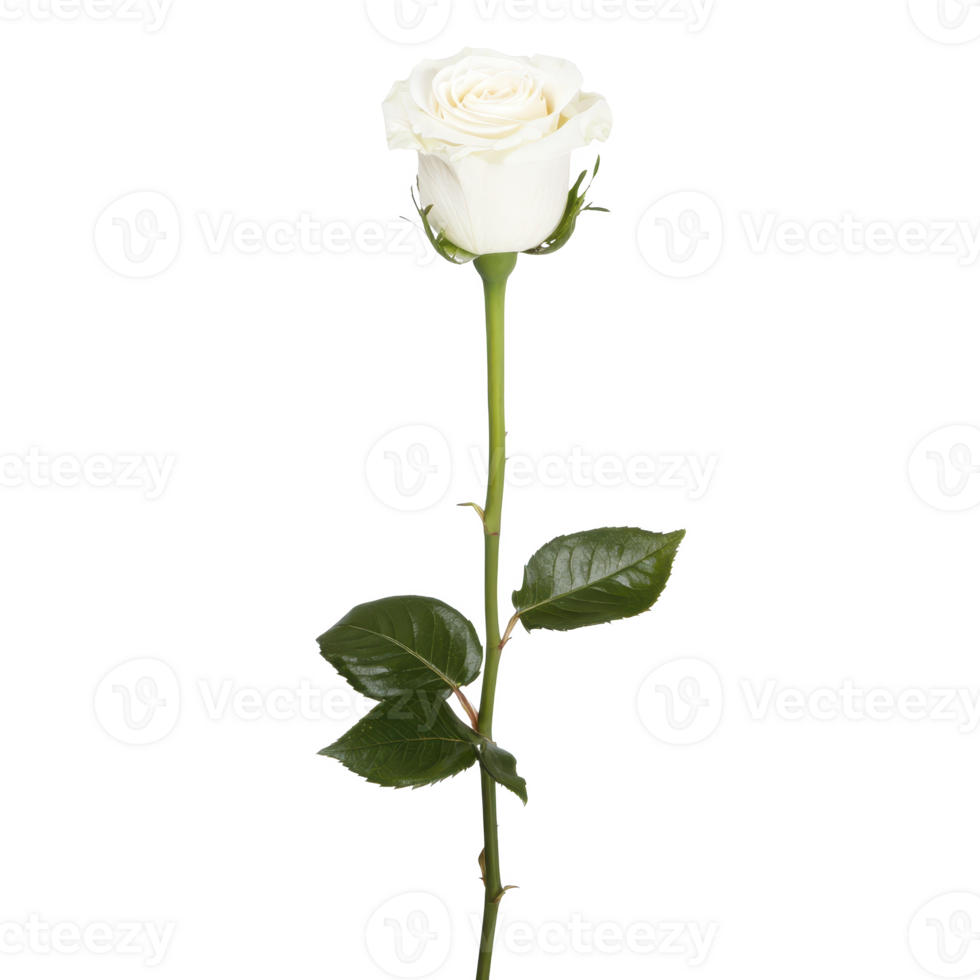 A single elegant white rose with long green stem and lush leaves, symbolizing purity and grace, isolated on transparency background png