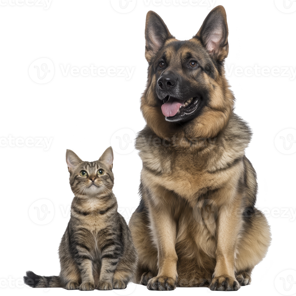 A German Shepherd dog and tabby cat sit side by side, showcasing harmonious relationship. dog appears alert and protective, while cat looks curious and calm png