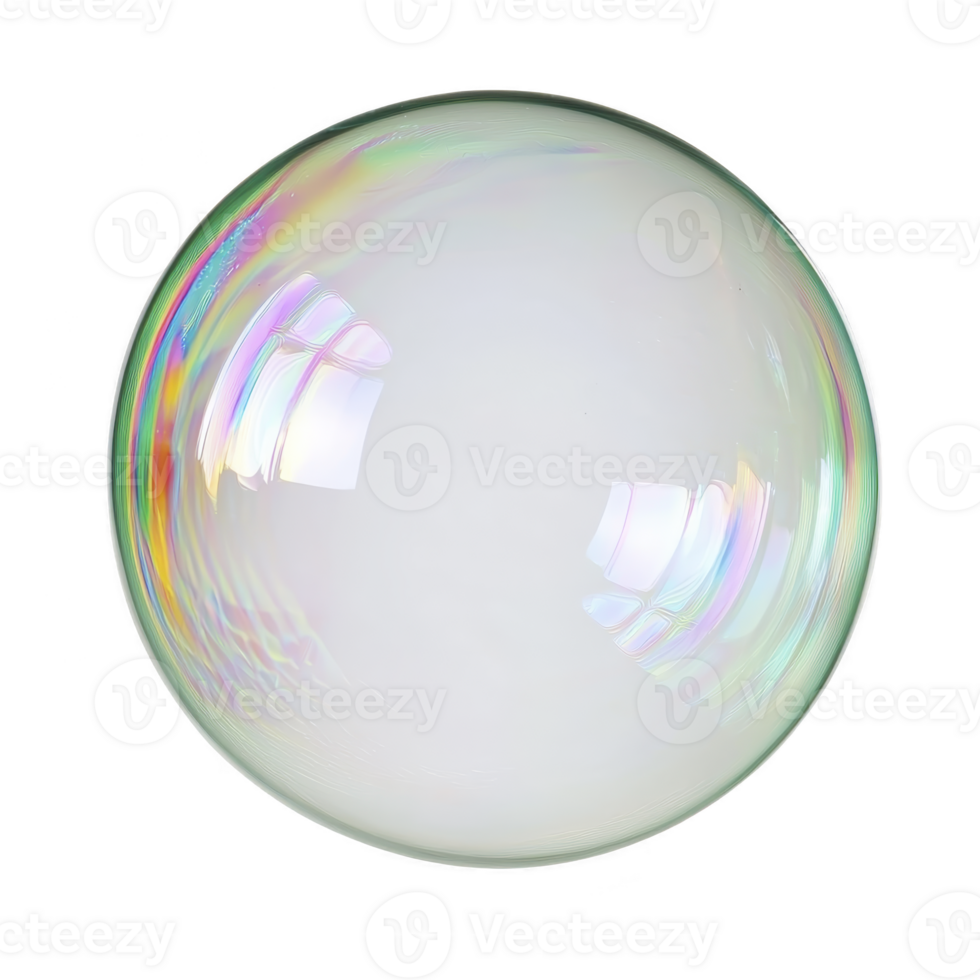 single, iridescent soap bubble floats against transparency background, displaying spectrum of colors on its delicate surface. bubble translucent nature reflects light beautifully png