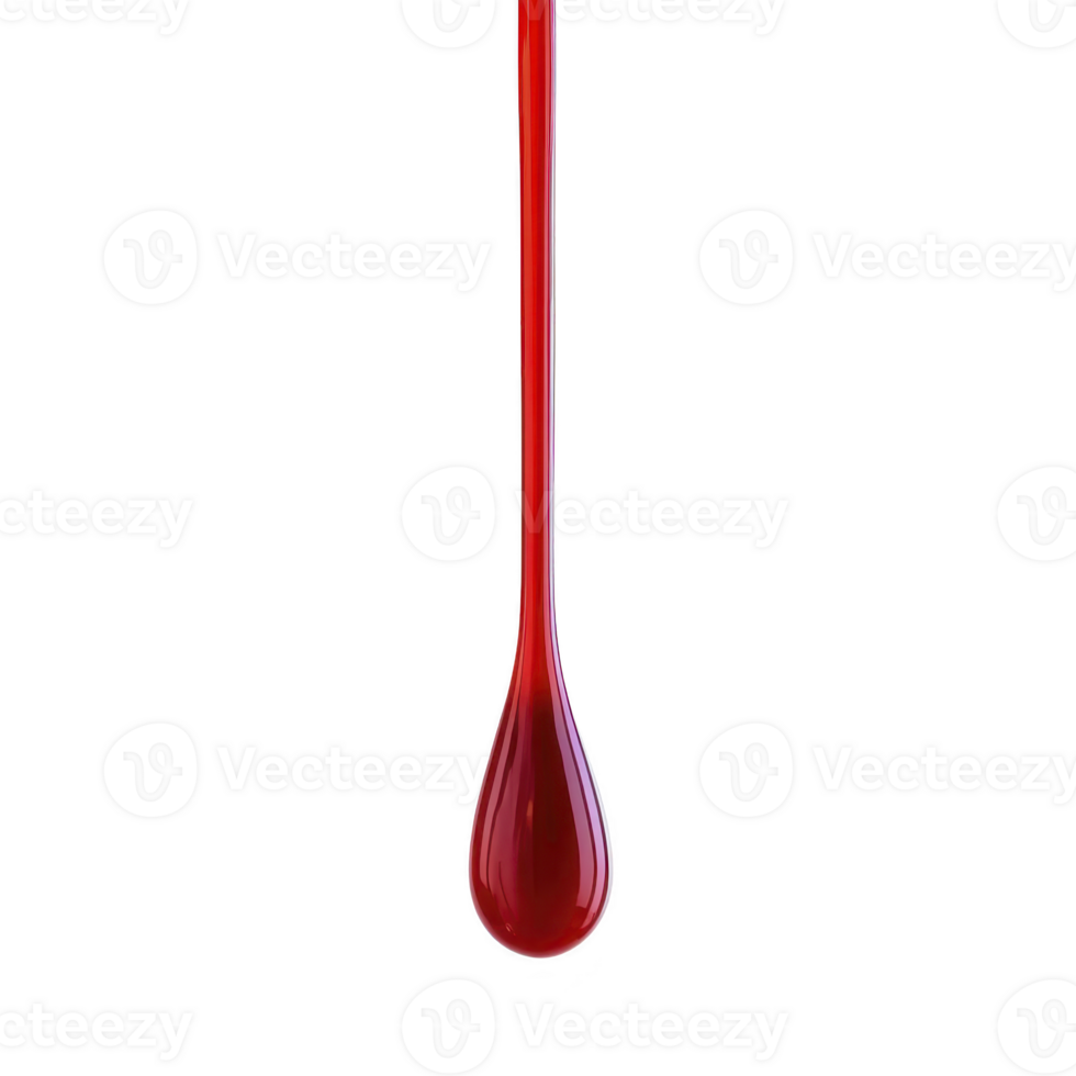 A single red liquid droplet is suspended against transparency background, showcasing its glossy texture and elongated shape. vibrant color and smooth surface create striking visual contrast png