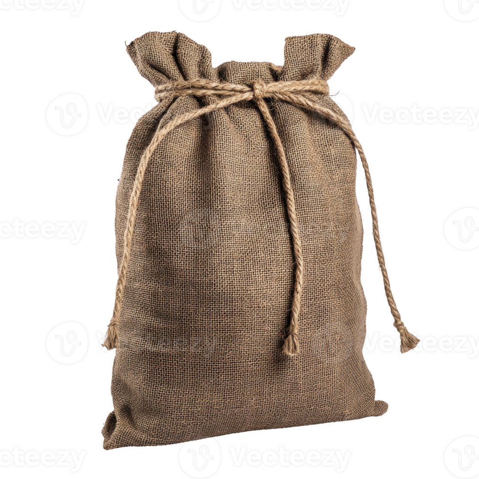 burlap sack with drawstring closure, made of coarse fabric, is shown against transparency background. rustic texture and natural color give it vintage feel png