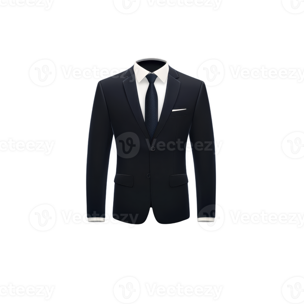 classic black suit with white shirt and black tie, perfect for formal occasions. elegant design features single breasted jacket with notched lapel and pocket square png