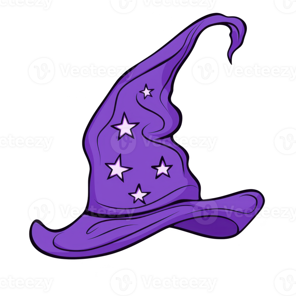 whimsical purple wizard hat adorned with white stars, showcasing playful and magical design. hat curved brim and pointed tip add to its enchanting appearance png