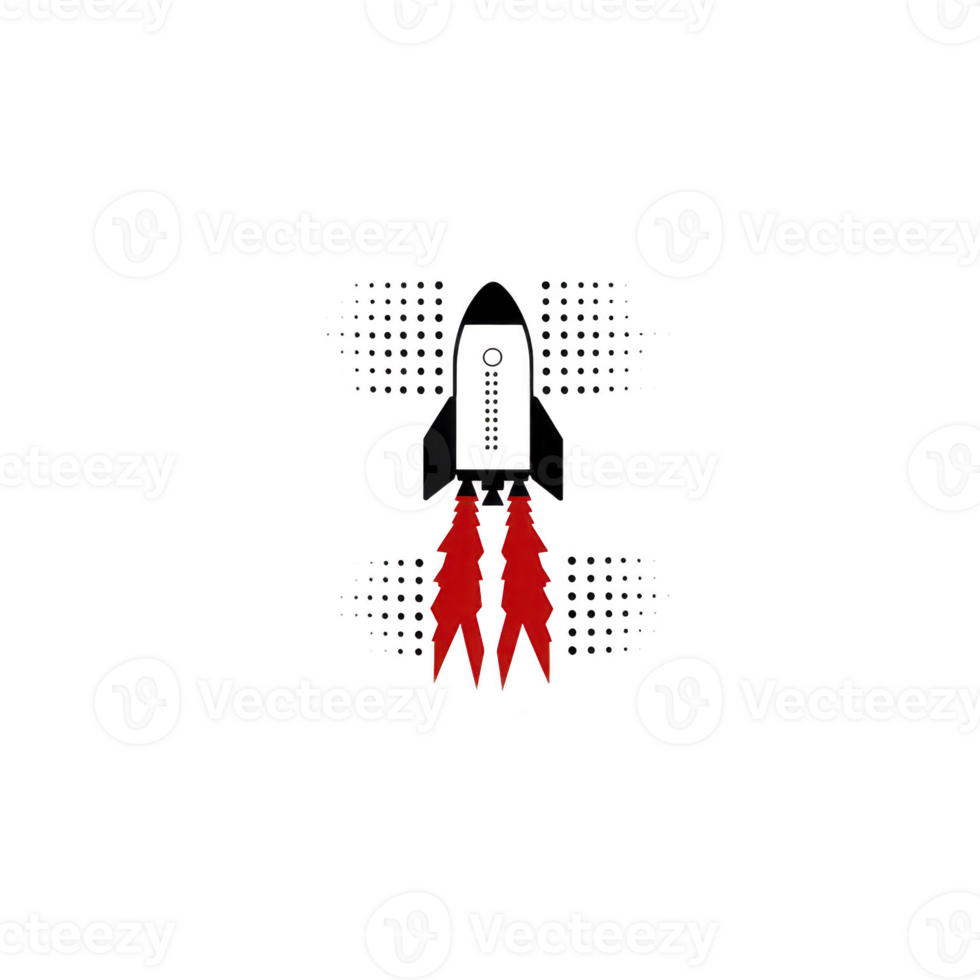 black rocket with red flames launches upward, symbolizing innovation and progress. background features digital matrix pattern, enhancing futuristic theme png