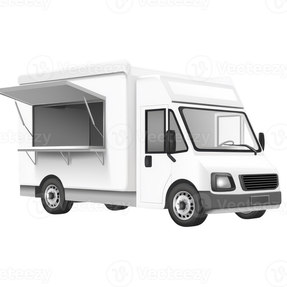 white food truck with open serving window is depicted, showcasing modern design. vehicle is parked, ready for business, and its clean appearance suggests focus on hygiene and professionalism png